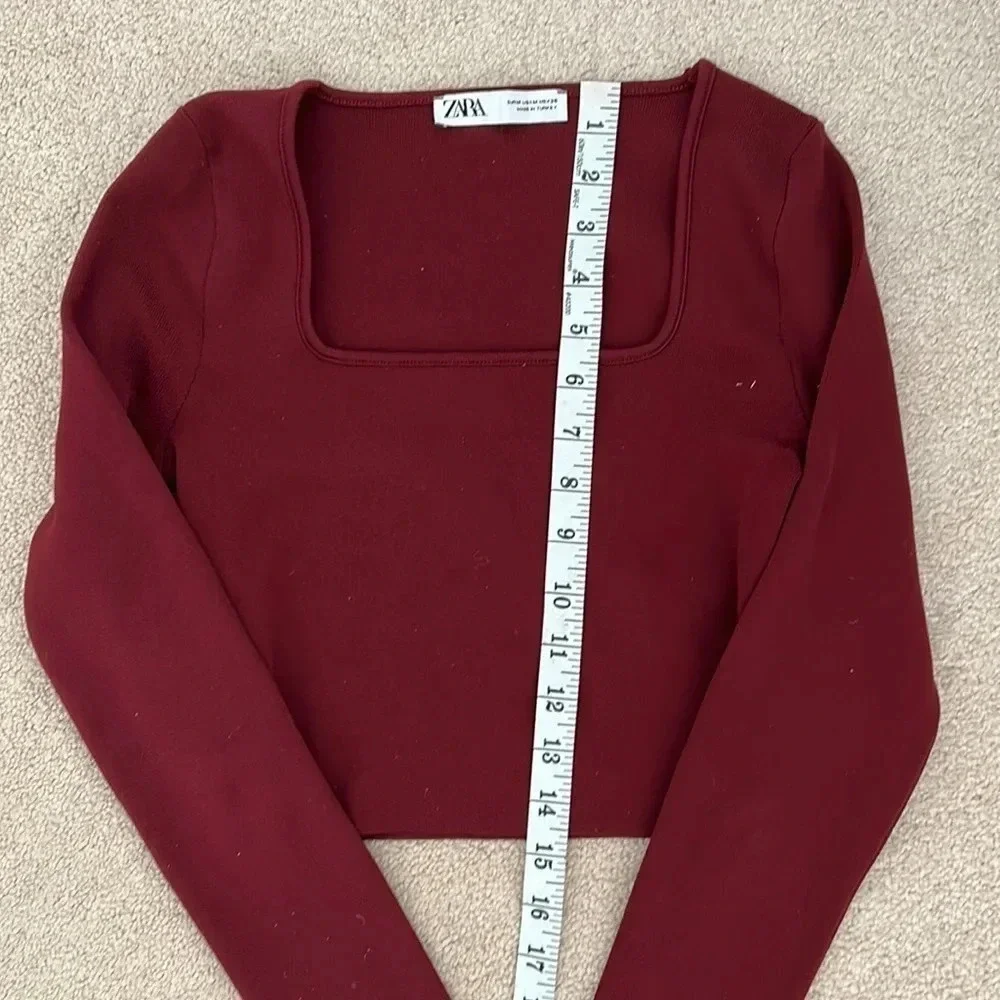 Zara cropped top size medium square neck maroon, red long sleeve